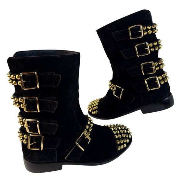 GIUSEPPE ZANOTTI BLACK SUEDE GOLD STUDDED BUCKLE BIKER Flat BOOTS SHOES SZ 40 - Picture 13 of 15
